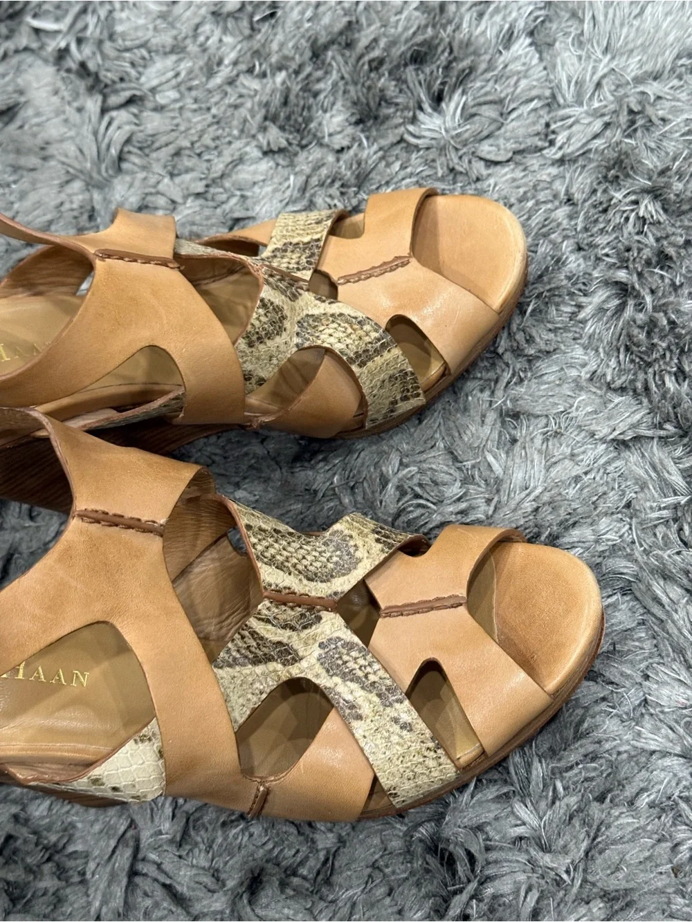 Cole Haan Air Kimry Nudge Tan Beige Leather Snake Print Wedge Sandals Shoes